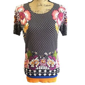Etro Womens Black Floral Short Sleeve Crew Neck Silk Printed Sweater Top Sz 8/44
